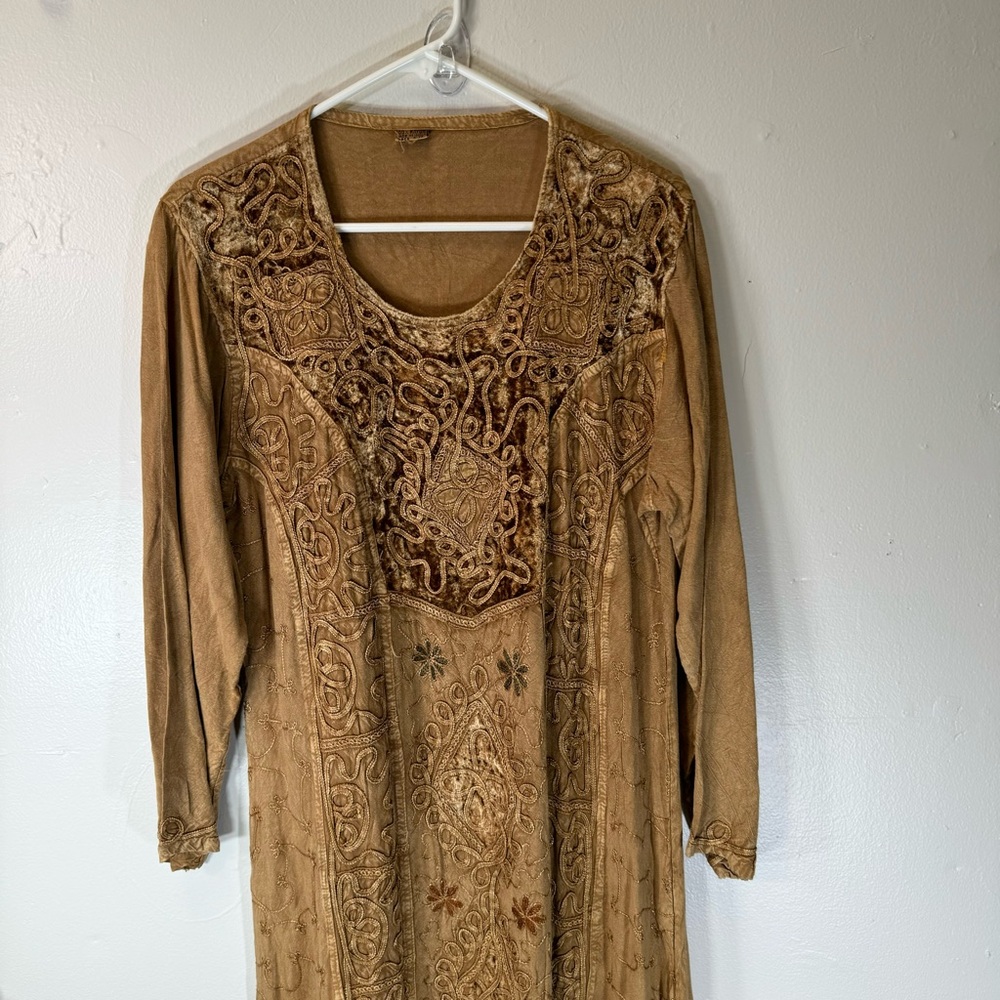 Vintage Bohemian Embroidered Maxi Dress Brown Velvet  Detail Large one size boho - Picture 3 of 13